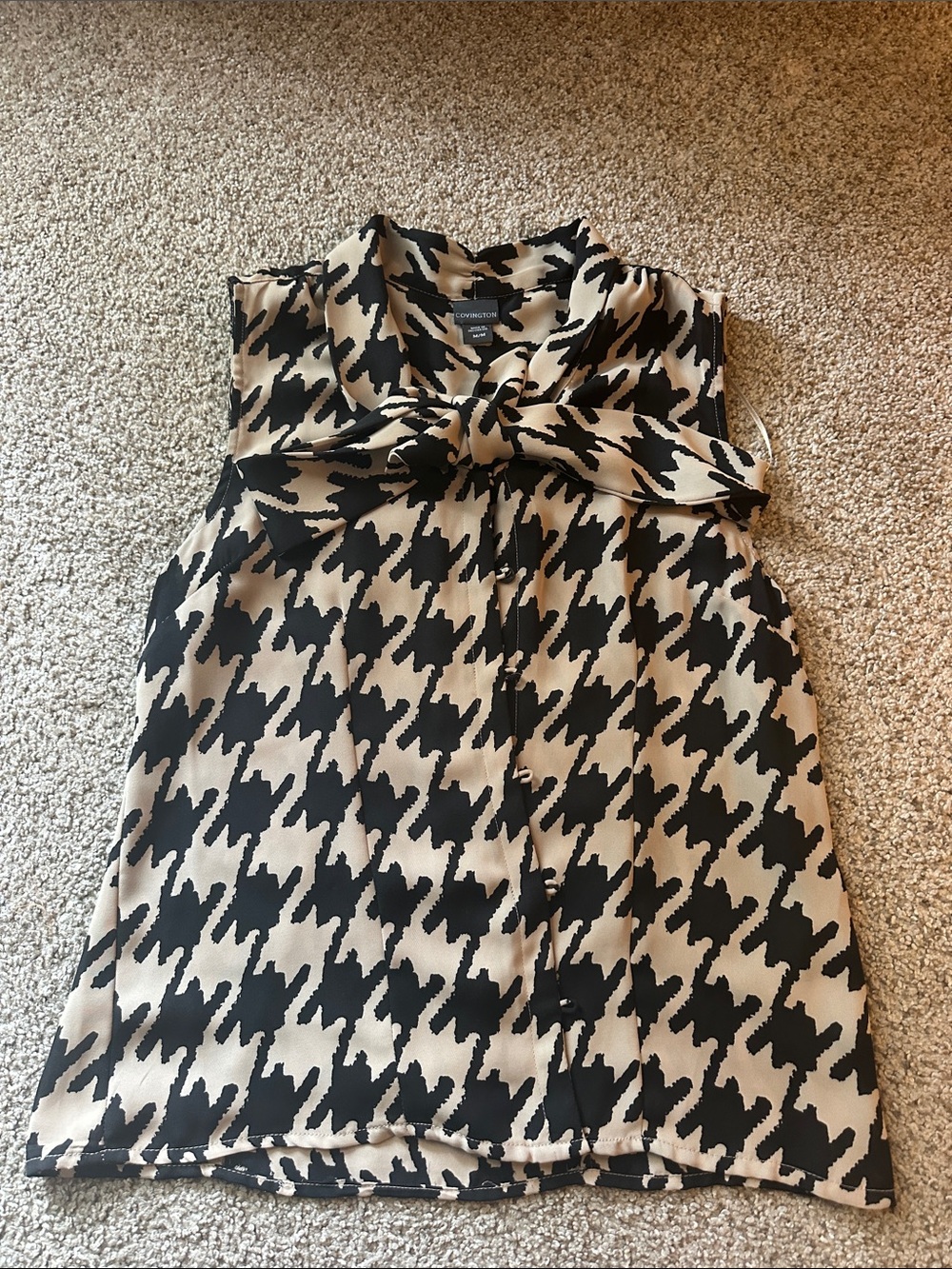 Covington Black and Cream Houndstooth Bow Tie Sleeveless Blouse
